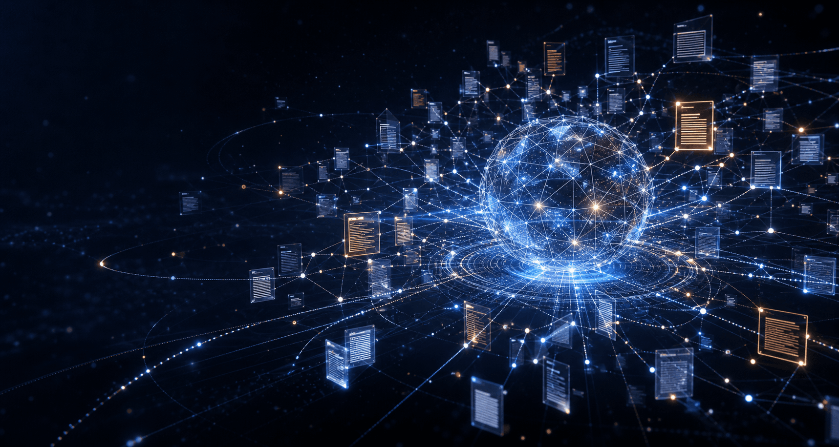 Grafo tridimensional de decisões jurídicas conectado a um núcleo de inteligência artificial